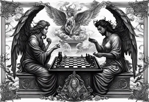Depict an angel and demon playing chess on a board that morphs from celestial clouds to fiery inferno, representing the merging of the spiritual realms in the eternal game tattoo idea