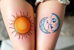 One partner wears a sun in warm orange and gold tones, while the other has a silver moon in pale blues and grays, both facing each other. tattoo idea