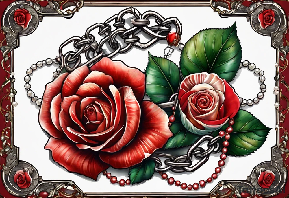 Red rose with a chain made of pearls and seashell tattoo idea