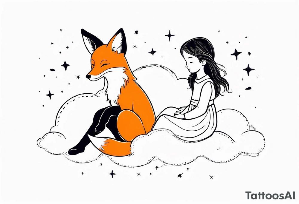 little girl with a fox sit side by side on a cloud and look at the stars like the petit prince tattoo idea