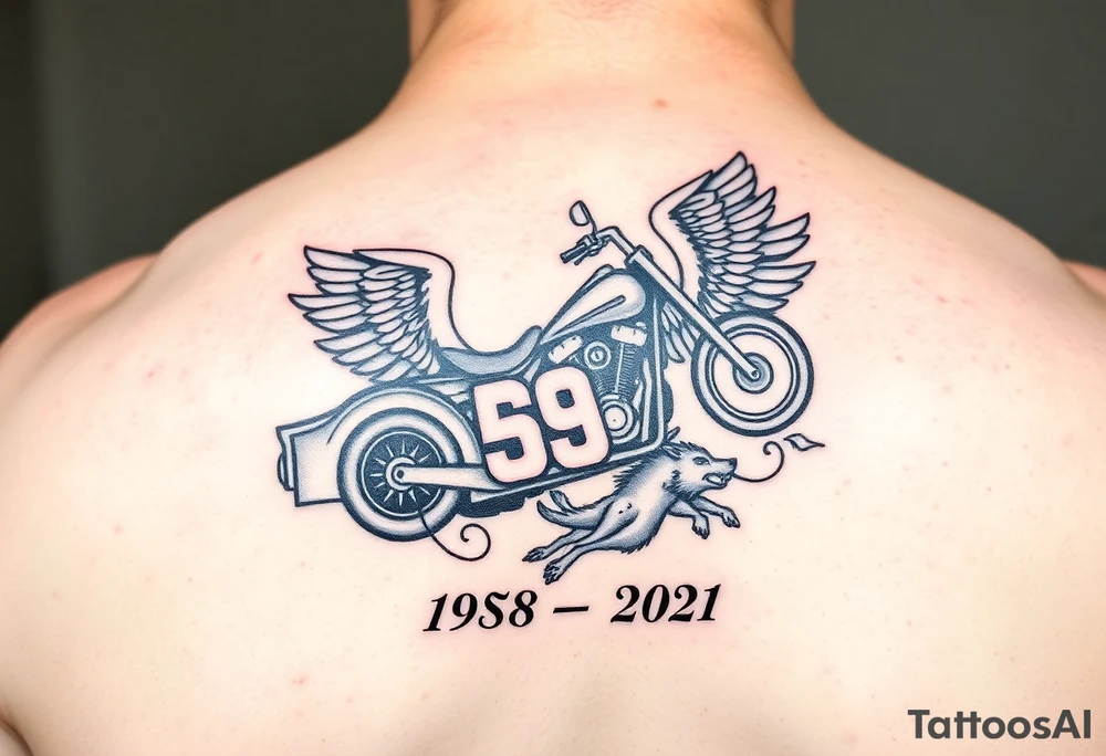 Dale Earnhardt car on it with the year 1958 - 2021 intertwined with a motorcycle on it with guardian angel wolves tattoo idea