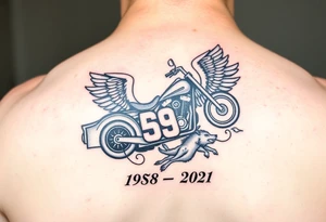 Dale Earnhardt car on it with the year 1958 - 2021 intertwined with a motorcycle on it with guardian angel wolves tattoo idea