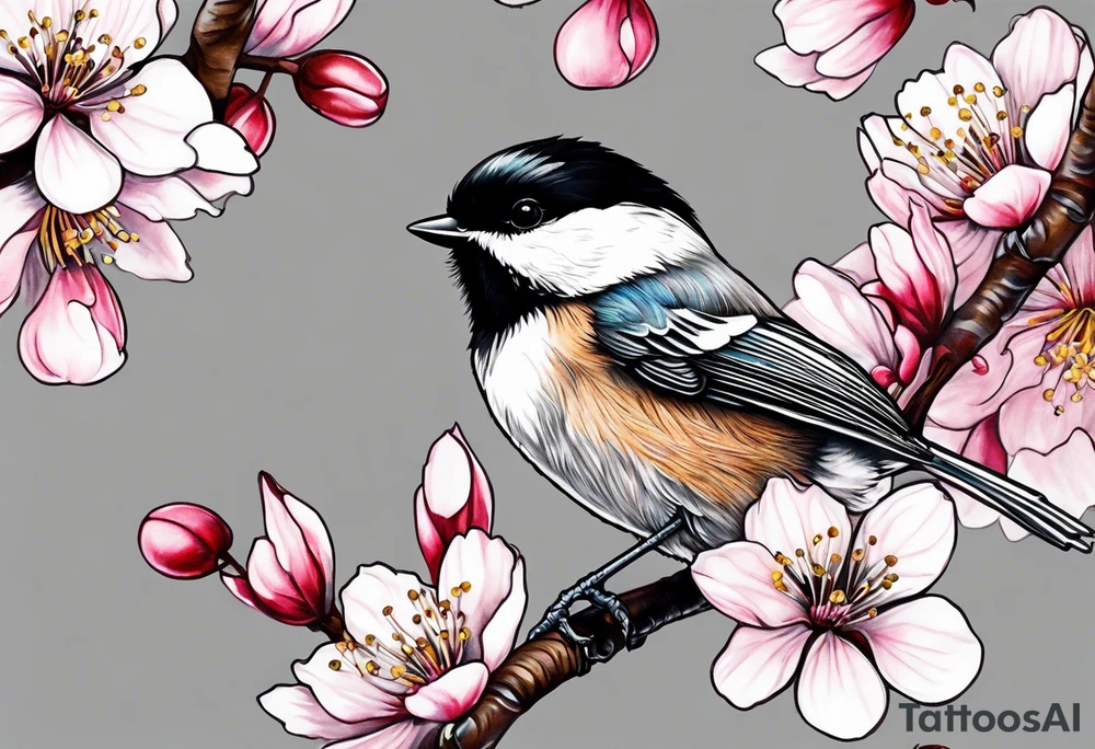 Chickadee on cherry blossom branch tattoo idea