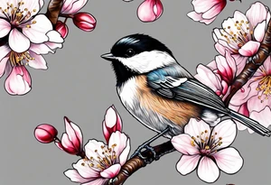 Chickadee on cherry blossom branch tattoo idea