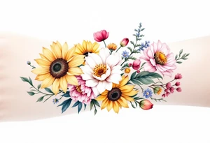 Small watercolour style bunch of wild flowers including lillium orientalis, sunflowers, poppies and peonies to be placed on forearm. Use the watercolour style with no outline on the florals. tattoo idea