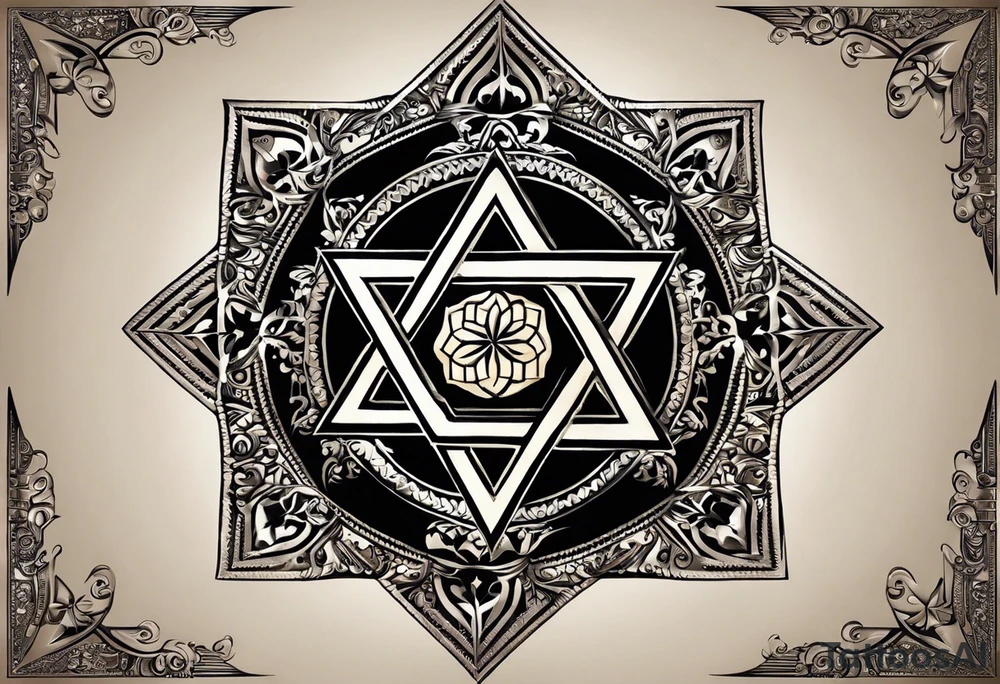 I would like two symmetrical tattoos on the left and right sides of my chest. The main element should be a Star of David (six-pointed star) on each side. Inside each star, I want the Armenian Wheel of Eternity.

	•	The Wheel of Eternity should be placed in the center of the Star of David, with a circular, swirling design to symbolize infinity and continuous life cycles. It should be detailed but simple enough to blend seamlessly with the star.
	•	The overall look should be bold, clean, and geometric, with a modern and minimalist style. tattoo idea