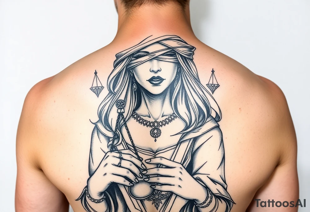 Fortuna's card as a beautiful woman with eyes covered with material, holds a scale in her hands tattoo idea