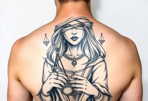 Fortuna's card as a beautiful woman with eyes covered with material, holds a scale in her hands tattoo idea