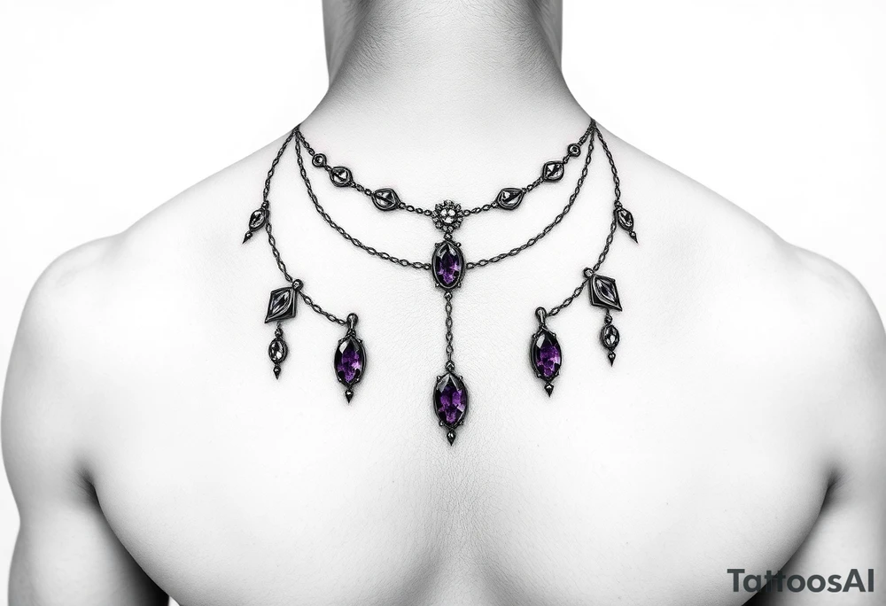 Gothic jewelry draping fine line with amethyst jewels around the front of the neck extending down the chest onto the left shoulder tattoo idea