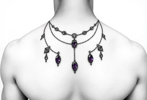 Gothic jewelry draping fine line with amethyst jewels around the front of the neck extending down the chest onto the left shoulder tattoo idea