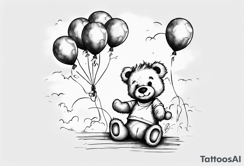 Scruffy teddy bear holding on to balloons and wearing a T-shirt going up to the sky tattoo idea