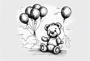 Scruffy teddy bear holding on to balloons and wearing a T-shirt going up to the sky tattoo idea