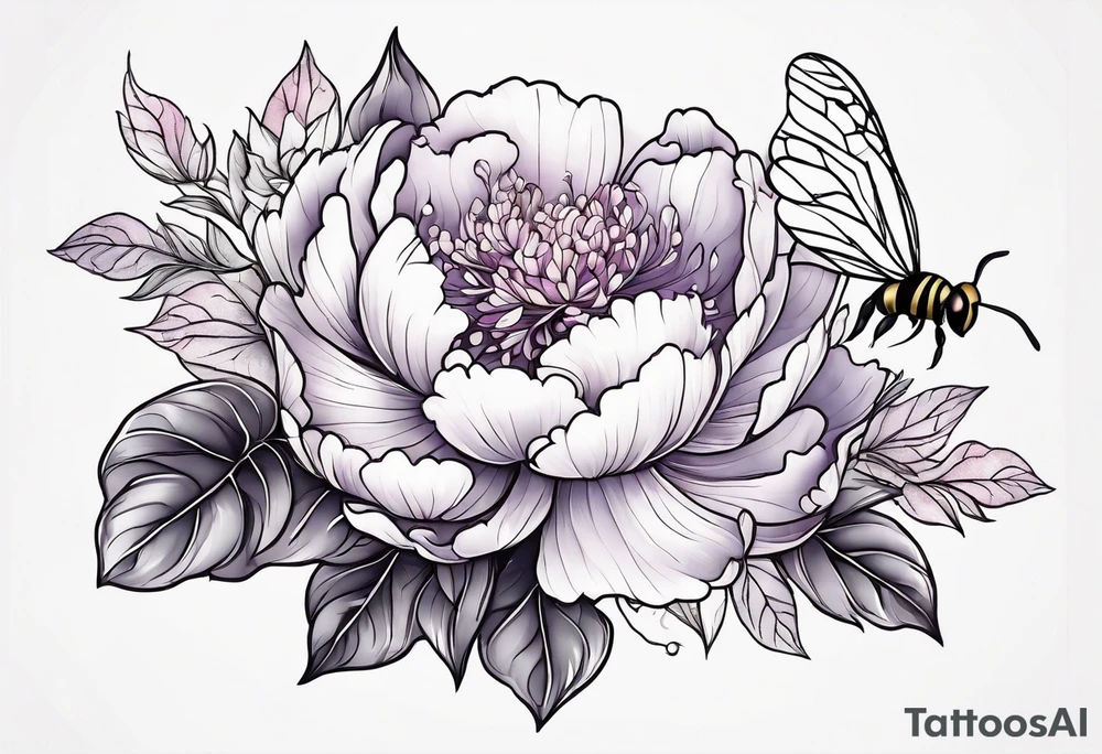 Vibrant peony with hydrangea and leaves and a bee lilac flowers tattoo idea