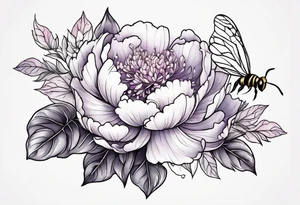 Vibrant peony with hydrangea and leaves and a bee lilac flowers tattoo idea