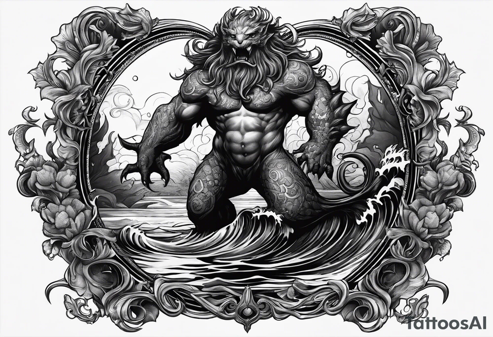 Aquarius water bearer monster. Dark. With a gothic frame and mythological creatures. tattoo idea Aquarius water bearer monster. Dark. With a gothic frame and mythological creatures. tattoo idea