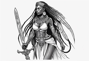 African female valkyre warrior full body angelic
slim long face long braided hair descending from heaven sword & shield tattoo idea