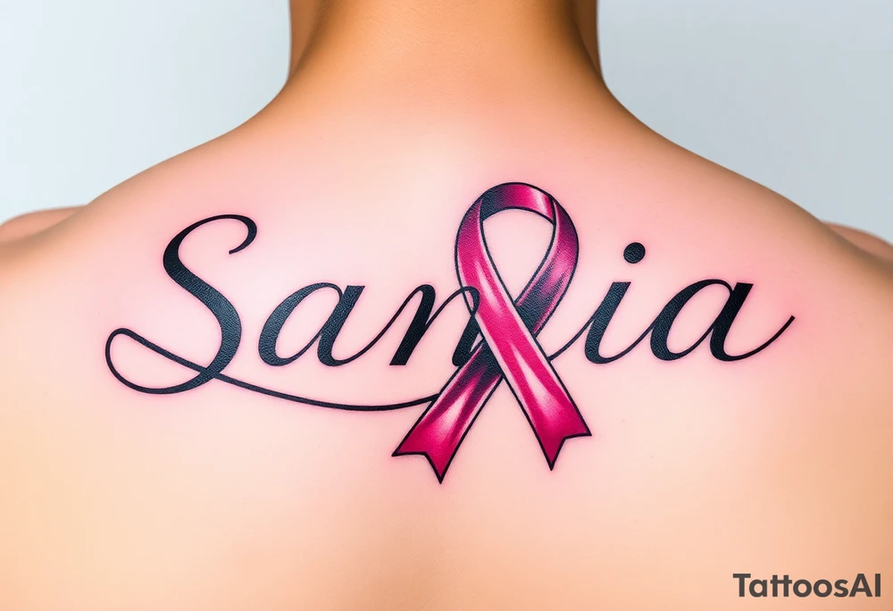 The name Samia. With a breast cancer (in pink) ribbon flowing off the last a. tattoo idea