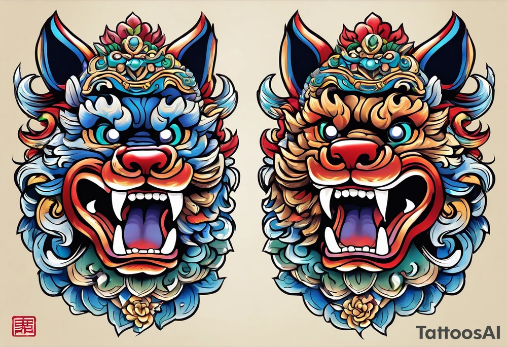 Okinawa-style pair of shisa dogs, one has an open mouth, one has a closed mouth, chest/pecs, Yakuza style, simple tattoo idea