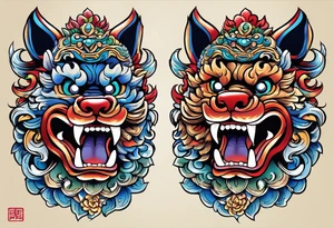 Okinawa-style pair of shisa dogs, one has an open mouth, one has a closed mouth, chest/pecs, Yakuza style, simple tattoo idea