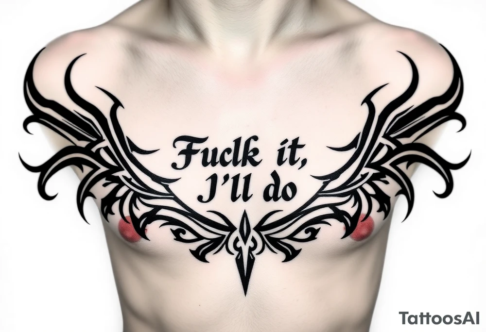 Unreadable “ Fuck it, I’ll do it” test on ribcage and upper ribs. 30 cm long. Kalligraphie mixed with neotribal style. tattoo idea