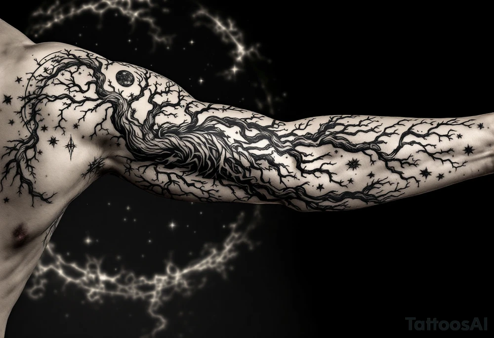 mystical tree of life with cosmic roots and celestial branches tattoo idea
