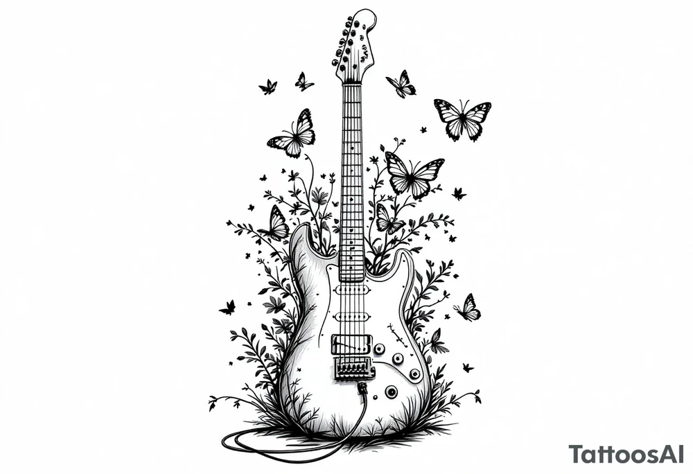 An electric guitar plugged into an amp with butterflies flying around it in memory of tattoo tattoo idea