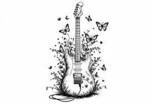 An electric guitar plugged into an amp with butterflies flying around it in memory of tattoo tattoo idea