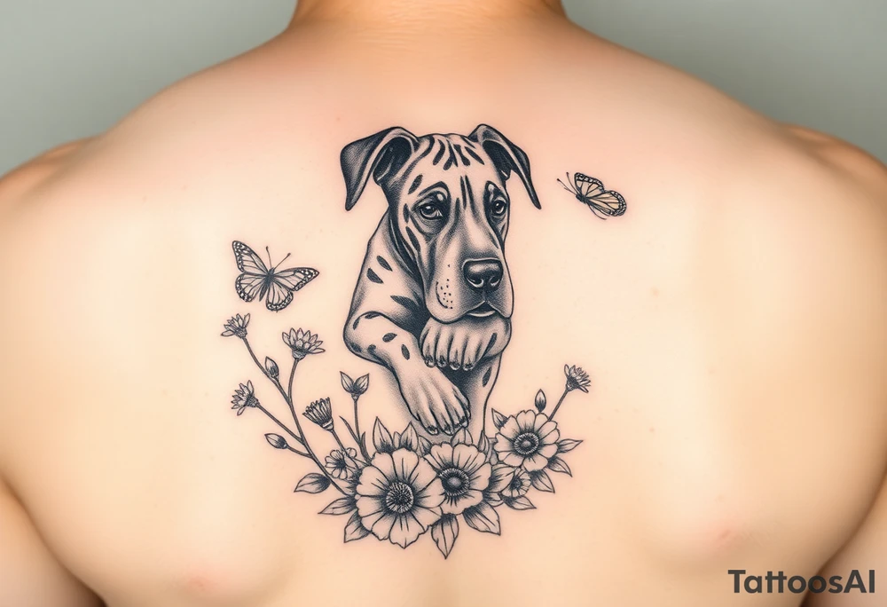Small tattoo of Great Dane puppy playing in flowers and chasing a butterfly. tattoo idea