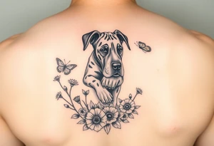 Small tattoo of Great Dane puppy playing in flowers and chasing a butterfly. tattoo idea