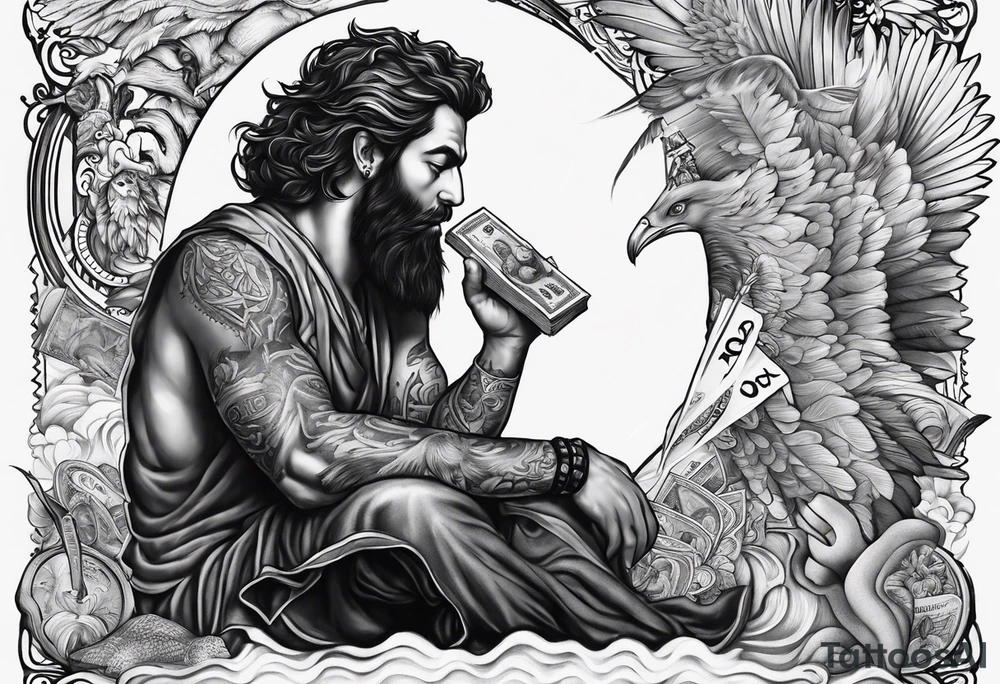 God on top representing god over everything, lower on the leg show things like money, drinking, something beachy, cards tattoo idea