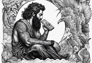 God on top representing god over everything, lower on the leg show things like money, drinking, something beachy, cards tattoo idea