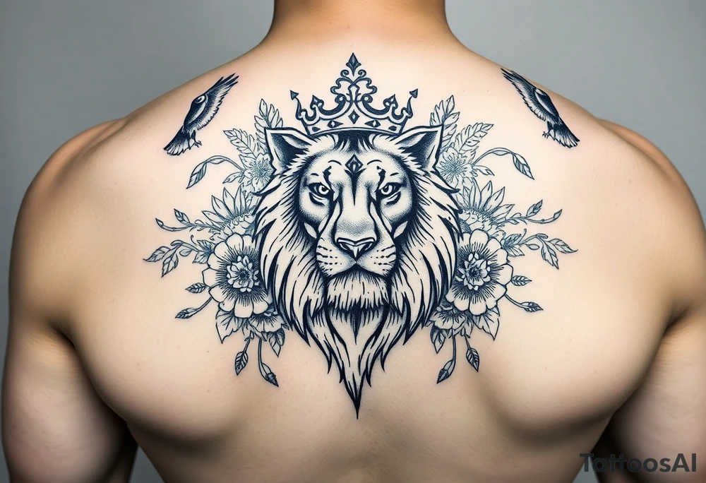 powerful majestic lion with a crown, surrounded by floral ornaments and birds tattoo idea