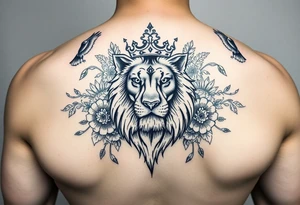 powerful majestic lion with a crown, surrounded by floral ornaments and birds tattoo idea