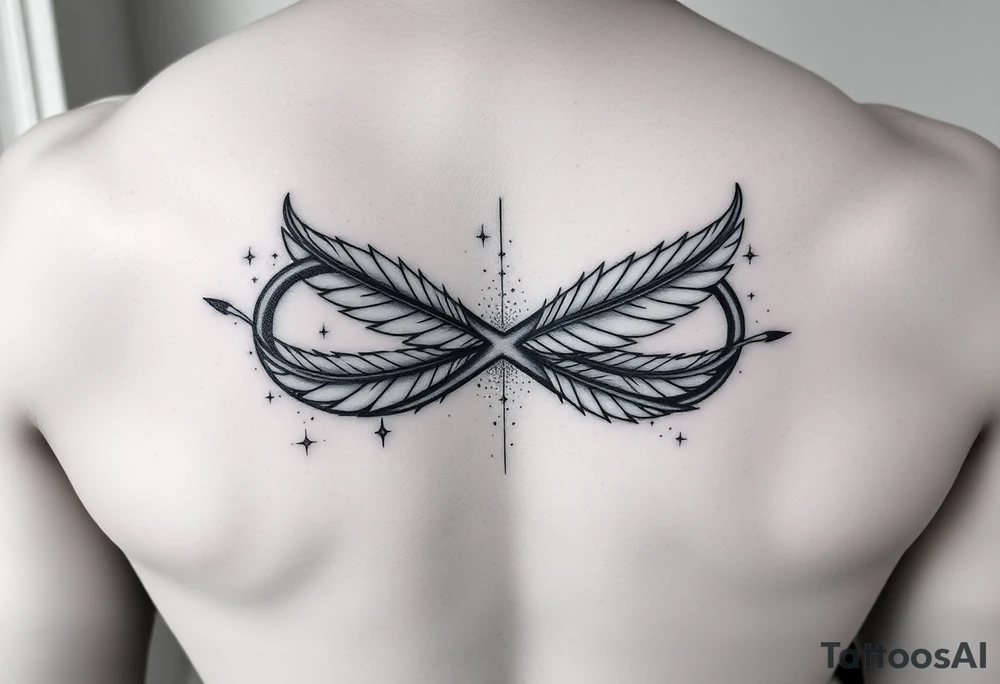 infinity symbol woven with floating feathers and stardust tattoo idea