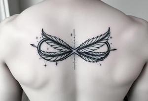 infinity symbol woven with floating feathers and stardust tattoo idea