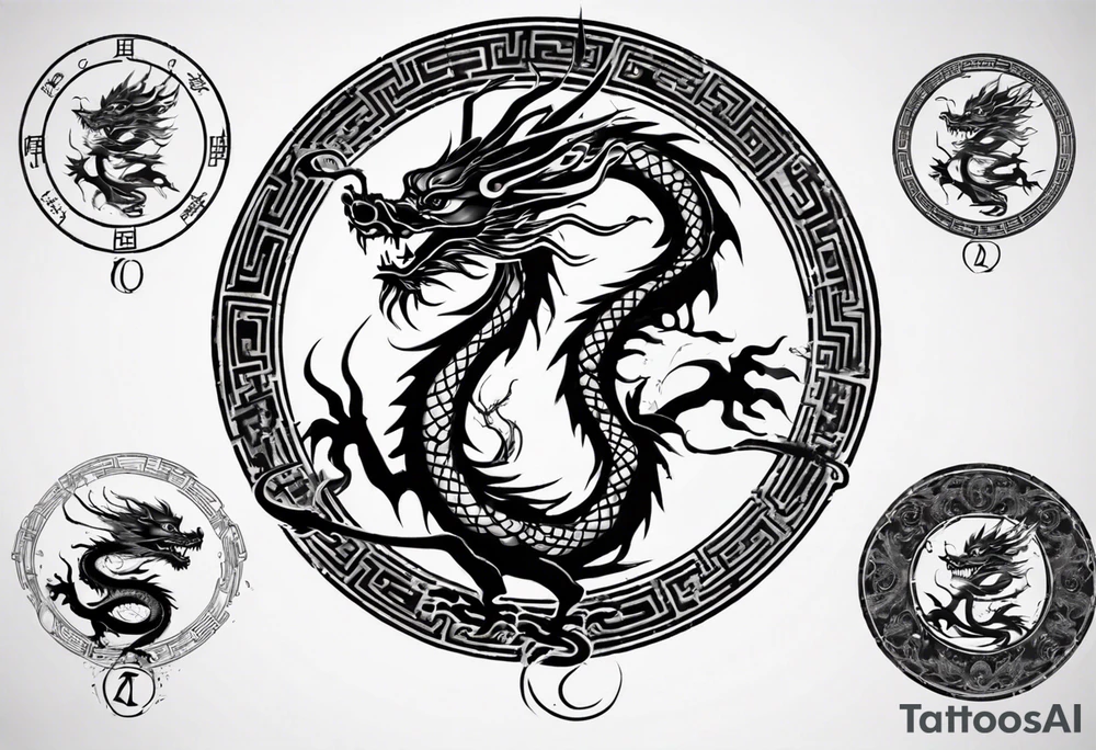 Chinese dragon in a circular shape with "02.03" written on its skin tattoo idea