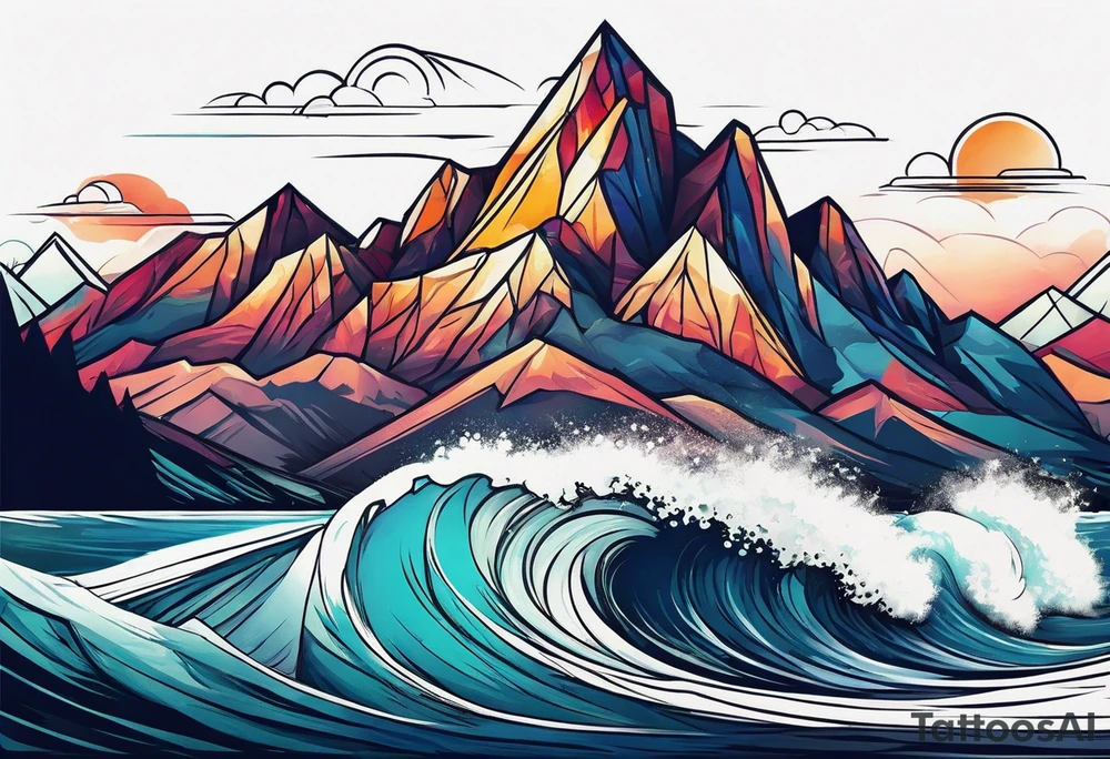 Mountains and ocean waves crashing diamond shape tattoo idea Mountains and ocean waves crashing diamond shape tattoo idea