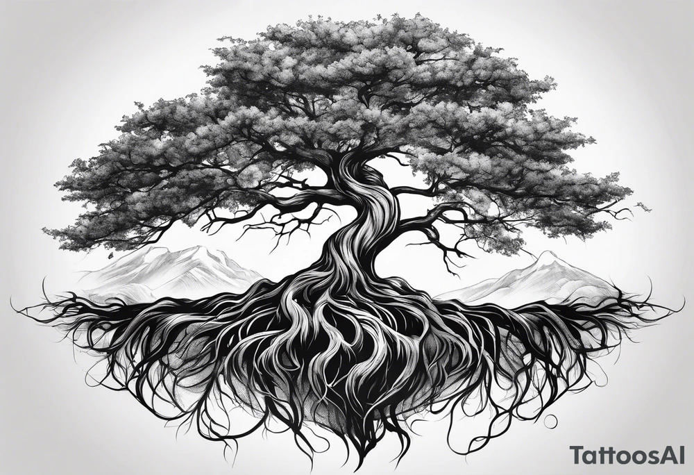 A tree with roots, where the roots have the Last Name Blanco intertwined. tattoo idea