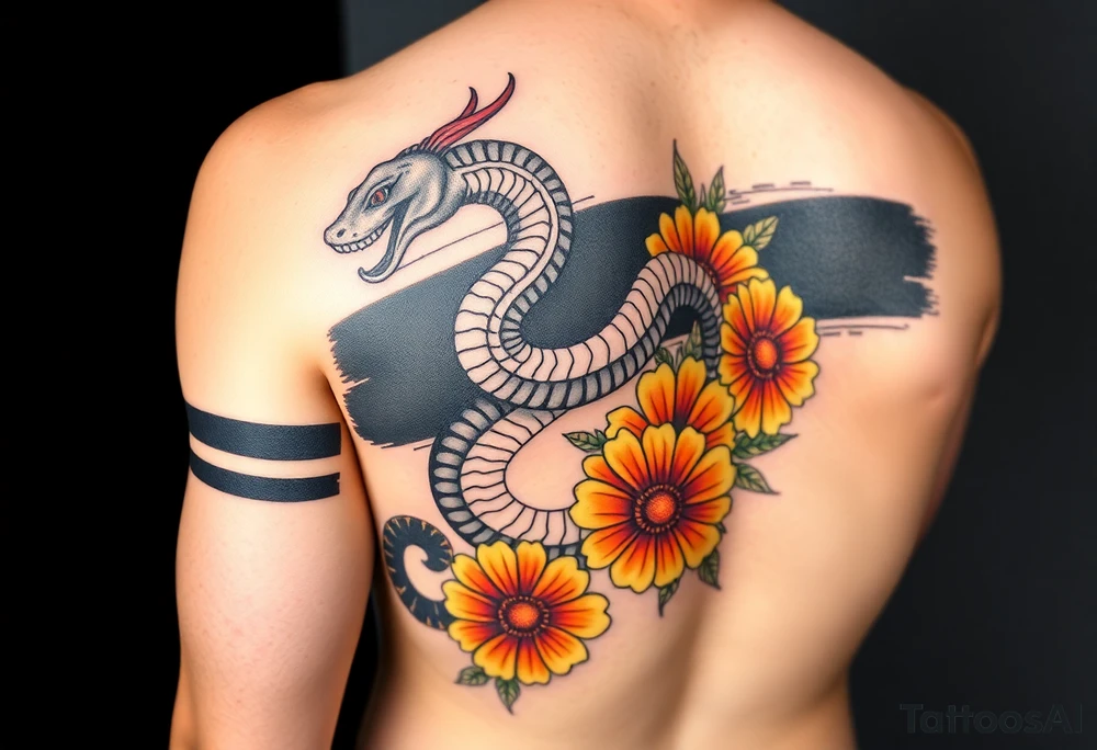 Full arm tattoo design featuring two solid black bands — one covering an upper arm tribal band and one wrapping the lower forearm. A vibrant Aztec feathered serpent (Quetzalcoatl) coils upward through the arm, overlapping the black bands with white contrast linework over the black. The serpent is detailed with bright Hispanic colors — turquoise, red, orange, and gold. Surrounding the serpent and filling negative space are Mexican marigold flowers in warm orange and yellow hues. The style is realistic tattoo design, highly detailed, with strong contrast between solid black and vivid color tattoo idea