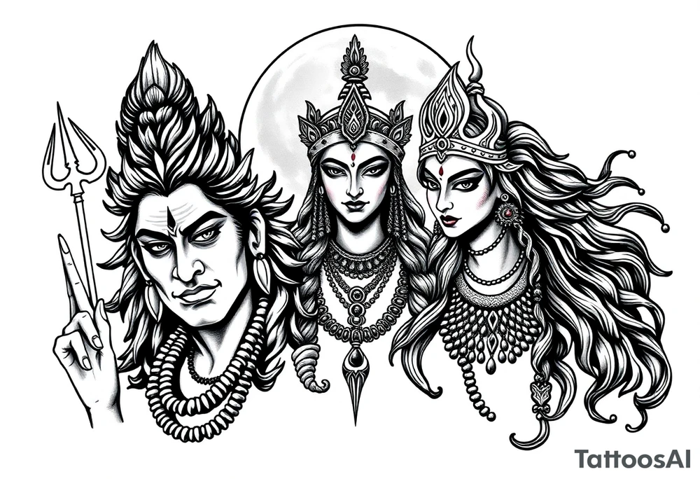 Lord Shiva, Godess Kali, Godess Lilith Together with the moon in the background tattoo idea