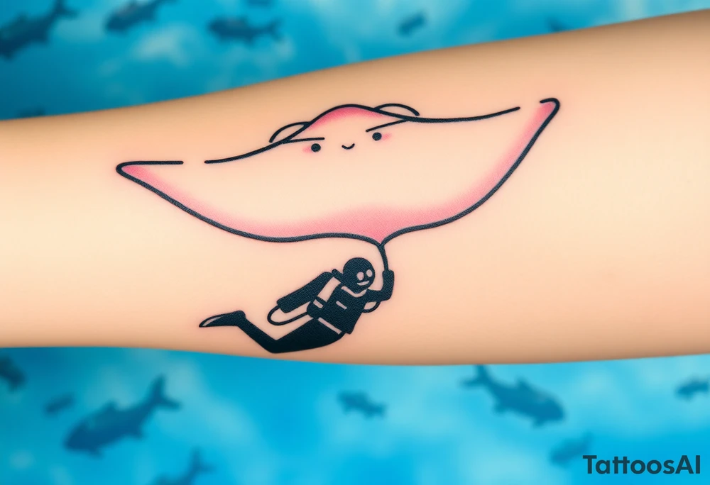 Manta ray silhouette above, scuba diver underneath, water backround tattoo idea