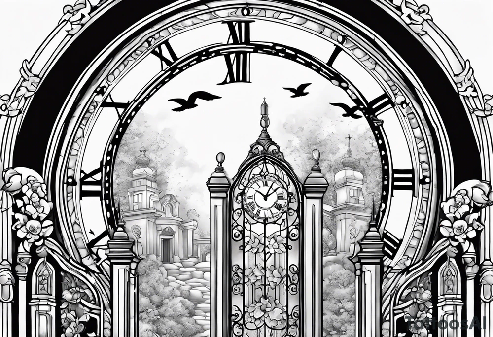 Forearm tattoo:
Mawmaw
07-05-38 / 09-23-24
Grandson and grandma walking up to the gates of heaven with the gates opened shinning bright with a cross and Doves flying around 
Big Busted clock behind it with the time of her death 7:00pm tattoo idea