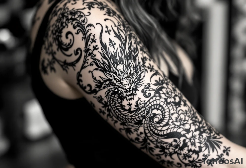 un dragon central entouré de fleurs de lys de style avec des ombrages dans un style assez fin tattoo idea