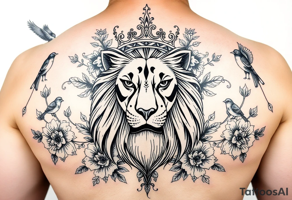powerful majestic lion with a crown, surrounded by floral ornaments and birds tattoo idea