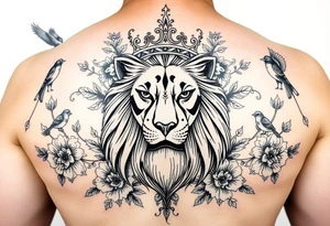 powerful majestic lion with a crown, surrounded by floral ornaments and birds tattoo idea