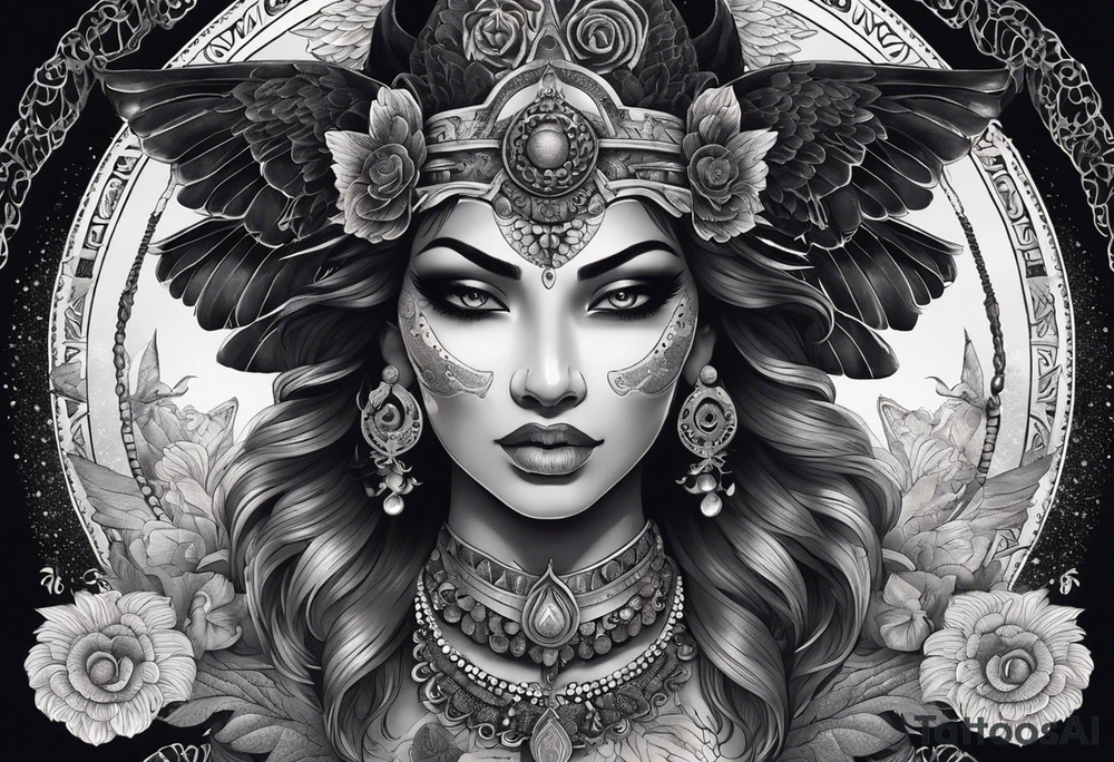 black kali, goddess pirate, alien, angel, pachamama, valkrye, warrior, flying, skull, lotus azul, wing, eagle, zenza resonance, stars, 5D, anahata chakra, death, durga, riding on a tiger, flying lady, kundalini, chest tatoo, samuri, rebel,serpent tattoo idea