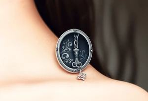 An open silver lock with swirling floral engravings, with a matching silver key hanging from a delicate chain tattoo idea