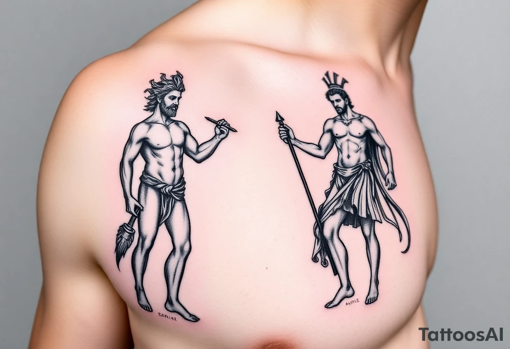 dionysos and apollo standing opposed to each other tattoo idea