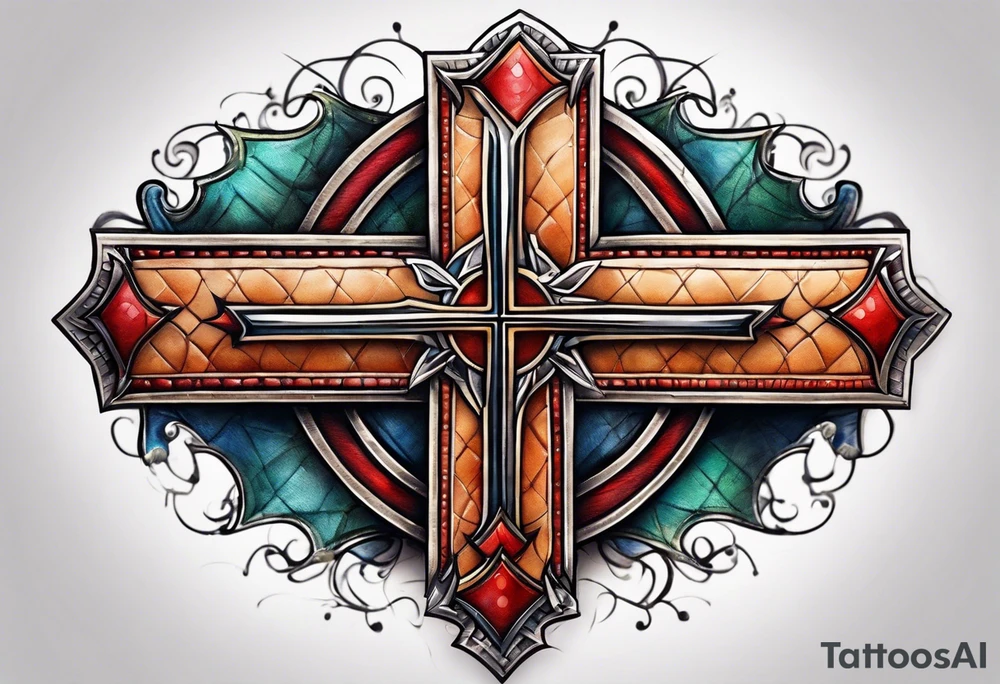 cross made out of football leather with stitches tattoo idea