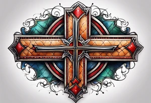 cross made out of football leather with stitches tattoo idea